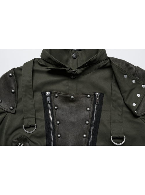 Handsome Green Military Style Metal Rivet Buckle Decoration Punk Style Long Sleeves Short Jacket