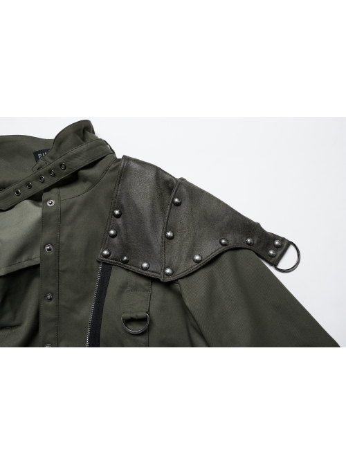 Handsome Green Military Style Metal Rivet Buckle Decoration Punk Style Long Sleeves Short Jacket