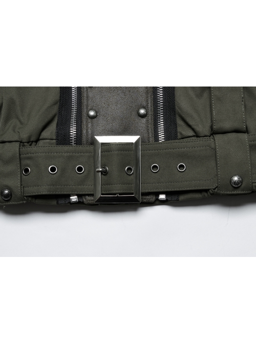 Handsome Green Military Style Metal Rivet Buckle Decoration Punk Style Long Sleeves Short Jacket