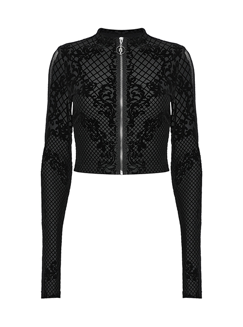 Daily Versatile Black Slim Fit Ghost Head Metal Zipper Design Sweet Cool Feeling Gothic Style Long Sleeves Coat