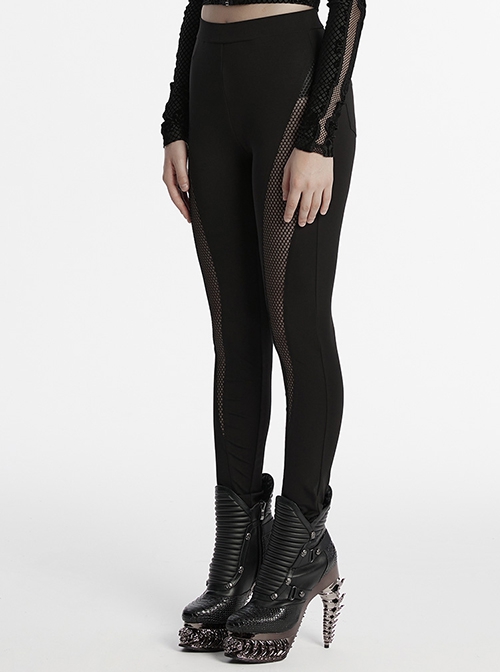 Black Daily Simple Unique Personality Hollow Mesh Splicing Punk Style Tight Pants