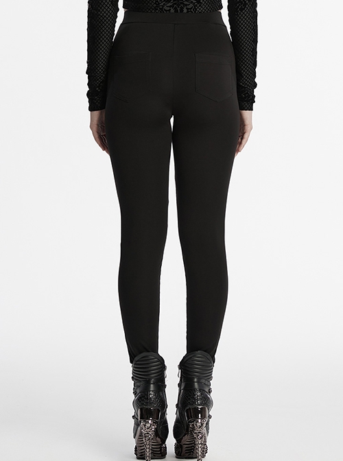 Black Daily Simple Unique Personality Hollow Mesh Splicing Punk Style Tight Pants
