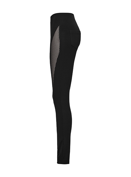Black Daily Simple Unique Personality Hollow Mesh Splicing Punk Style Tight Pants