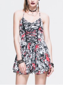 Ghost Head Printed Chest Lace-Up Black Punk Halter Dress