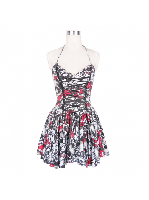 Ghost Head Printed Chest Lace-Up Black Punk Halter Dress