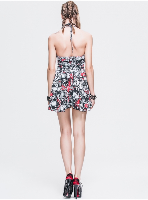Ghost Head Printed Chest Lace-Up Black Punk Halter Dress