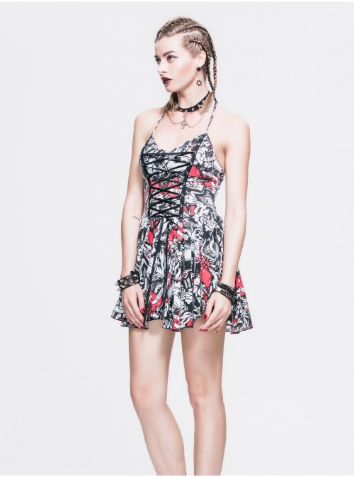 Ghost Head Printed Chest Lace-Up Black Punk Halter Dress