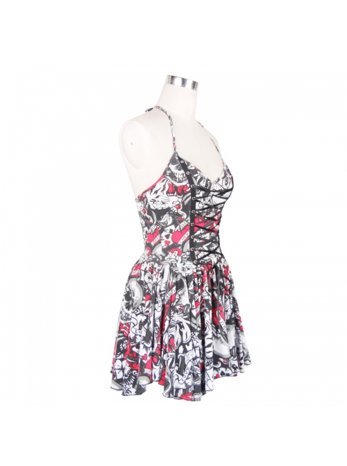 Ghost Head Printed Chest Lace-Up Black Punk Halter Dress