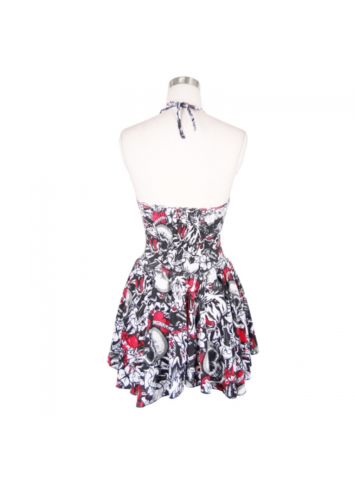 Ghost Head Printed Chest Lace-Up Black Punk Halter Dress