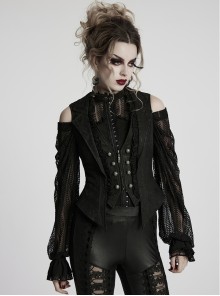 Sexy Black Deep V Neck Lapel Exquisite Lace Ruffles Retro Metal Buckle Decorated Gothic Style Slim Vest