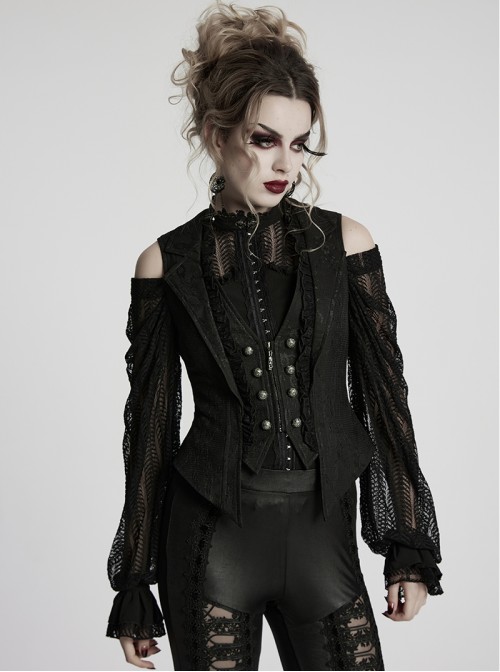 Sexy Black Deep V Neck Lapel Exquisite Lace Ruffles Retro Metal Buckle Decorated Gothic Style Slim Vest