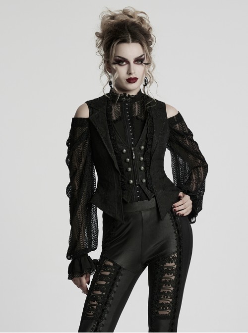 Sexy Black Deep V Neck Lapel Exquisite Lace Ruffles Retro Metal Buckle Decorated Gothic Style Slim Vest