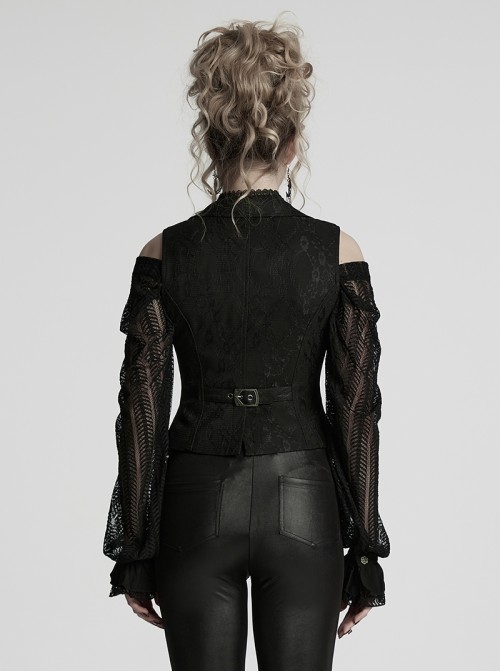 Sexy Black Deep V Neck Lapel Exquisite Lace Ruffles Retro Metal Buckle Decorated Gothic Style Slim Vest