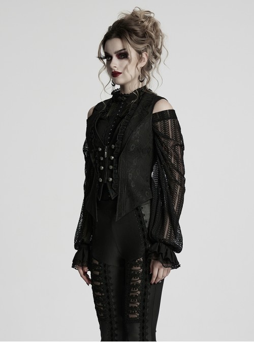Sexy Black Deep V Neck Lapel Exquisite Lace Ruffles Retro Metal Buckle Decorated Gothic Style Slim Vest