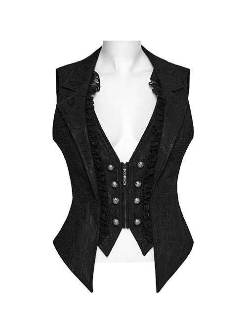 Sexy Black Deep V Neck Lapel Exquisite Lace Ruffles Retro Metal Buckle Decorated Gothic Style Slim Vest