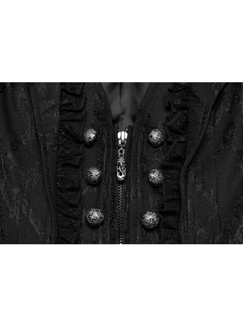 Sexy Black Deep V Neck Lapel Exquisite Lace Ruffles Retro Metal Buckle Decorated Gothic Style Slim Vest