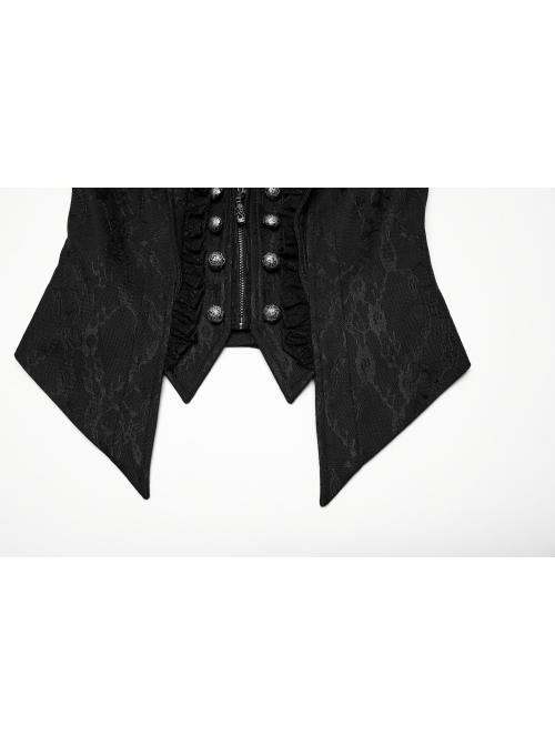 Sexy Black Deep V Neck Lapel Exquisite Lace Ruffles Retro Metal Buckle Decorated Gothic Style Slim Vest