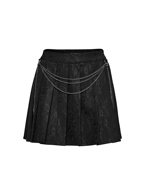 Black Daily Simple Unique Metal Chain Decoration Exquisite Lace Dark Pattern Pleated Gothic Style Skirt