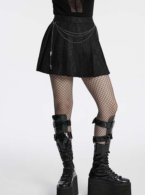 Black Daily Simple Unique Metal Chain Decoration Exquisite Lace Dark Pattern Pleated Gothic Style Skirt