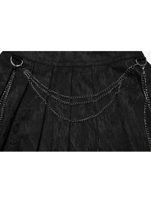Black Daily Simple Unique Metal Chain Decoration Exquisite Lace Dark Pattern Pleated Gothic Style Skirt