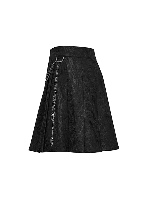 Black Daily Simple Unique Metal Chain Decoration Exquisite Lace Dark Pattern Pleated Gothic Style Skirt