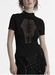 Sexy Black High Collar Slim Fit Unique Perspective Coffin Mesh Design Gothic Style Short Sleeves T Shirt