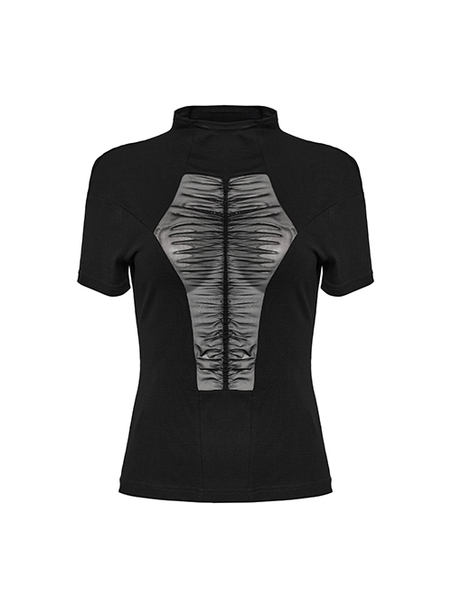 Sexy Black High Collar Slim Fit Unique Perspective Coffin Mesh Design Gothic Style Short Sleeves T Shirt