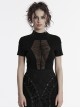 Sexy Black High Collar Slim Fit Unique Perspective Coffin Mesh Design Gothic Style Short Sleeves T Shirt