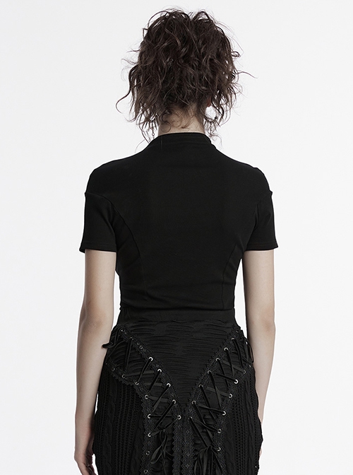 Sexy Black High Collar Slim Fit Unique Perspective Coffin Mesh Design Gothic Style Short Sleeves T Shirt
