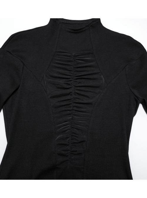 Sexy Black High Collar Slim Fit Unique Perspective Coffin Mesh Design Gothic Style Short Sleeves T Shirt