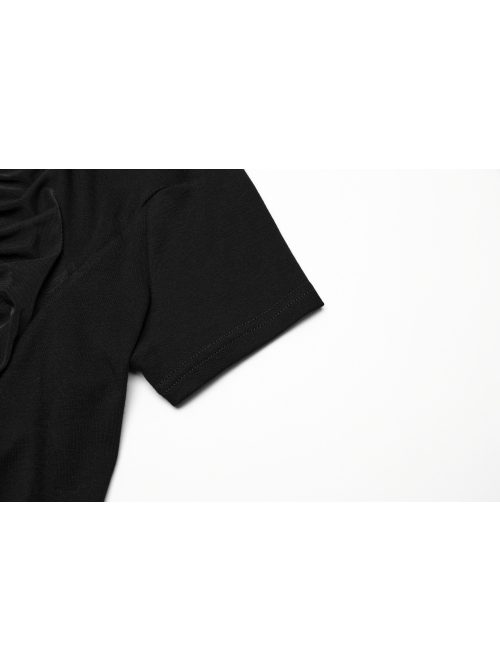 Sexy Black High Collar Slim Fit Unique Perspective Coffin Mesh Design Gothic Style Short Sleeves T Shirt