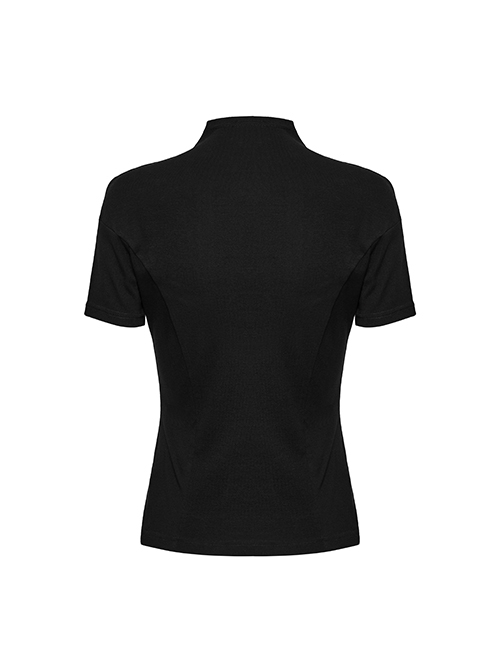 Sexy Black High Collar Slim Fit Unique Perspective Coffin Mesh Design Gothic Style Short Sleeves T Shirt