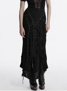 Decadent Black Tattered Fabrics Stitching Knitted Material Cross Ribbon Design Gothic Style Skirt