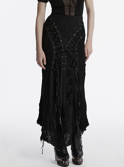 Decadent Black Tattered Fabrics Stitching Knitted Material Cross Ribbon Design Gothic Style Skirt