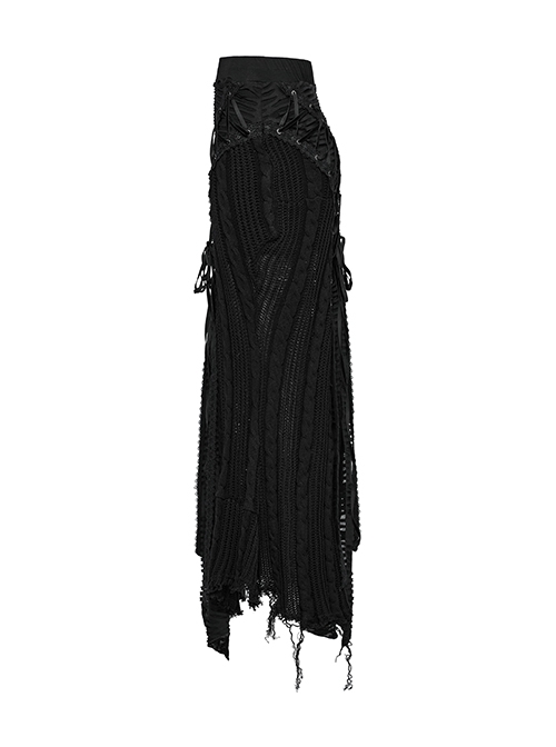 Decadent Black Tattered Fabrics Stitching Knitted Material Cross Ribbon Design Gothic Style Skirt