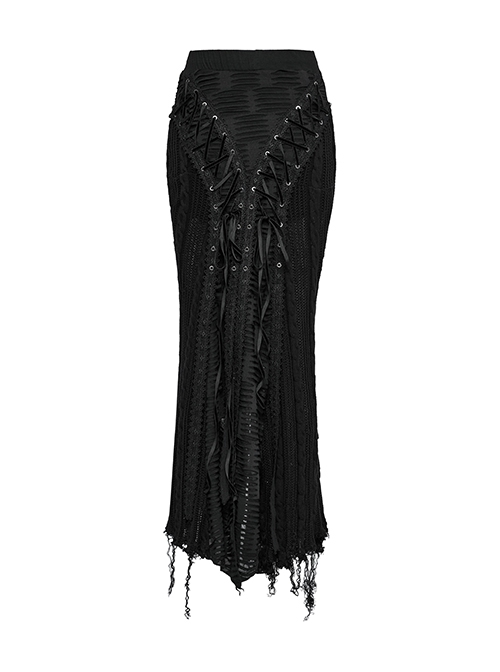 Decadent Black Tattered Fabrics Stitching Knitted Material Cross Ribbon Design Gothic Style Skirt