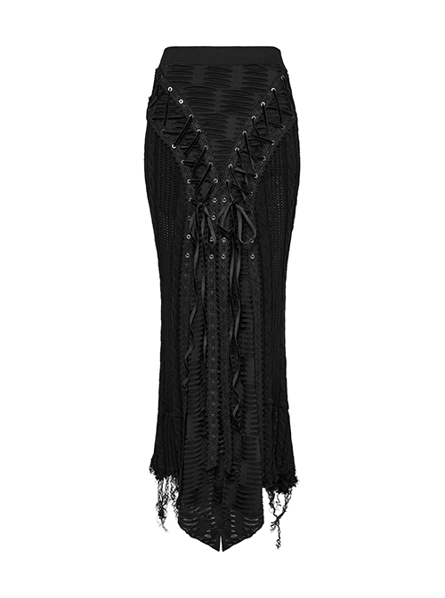 Decadent Black Tattered Fabrics Stitching Knitted Material Cross Ribbon Design Gothic Style Skirt