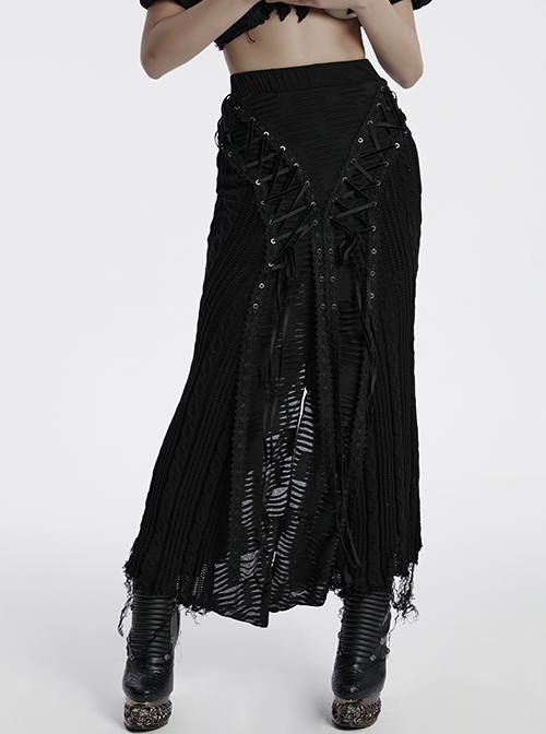 Decadent Black Tattered Fabrics Stitching Knitted Material Cross Ribbon Design Gothic Style Skirt