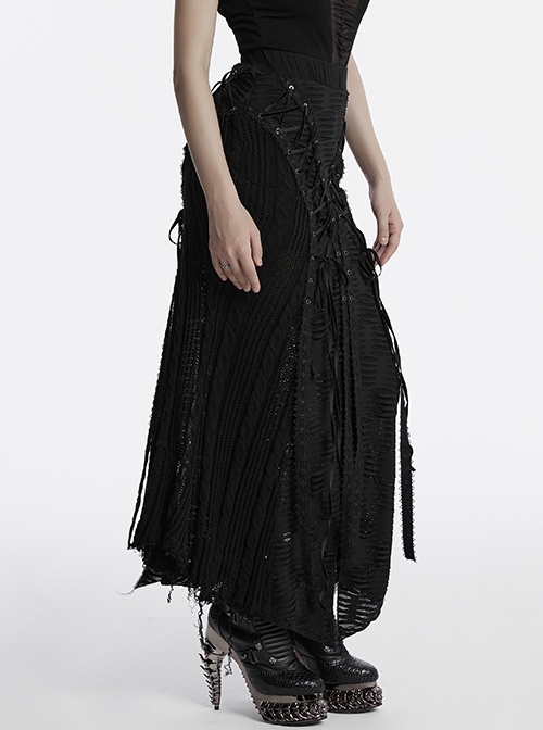 Decadent Black Tattered Fabrics Stitching Knitted Material Cross Ribbon Design Gothic Style Skirt