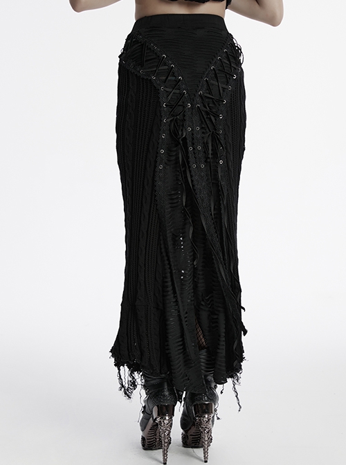 Decadent Black Tattered Fabrics Stitching Knitted Material Cross Ribbon Design Gothic Style Skirt