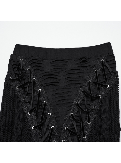 Decadent Black Tattered Fabrics Stitching Knitted Material Cross Ribbon Design Gothic Style Skirt