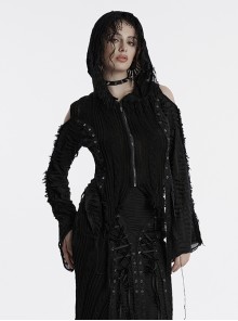 Black Unique Decadent Hole Splicing Back Drawstring Design Gothic Style Trumpet Sleeves Knitted Hooded Coat