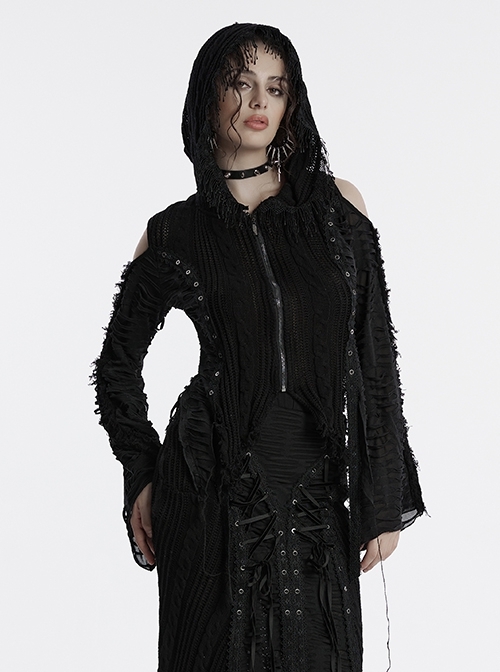 Black Unique Decadent Hole Splicing Back Drawstring Design Gothic Style Trumpet Sleeves Knitted Hooded Coat