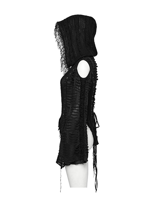 Black Unique Decadent Hole Splicing Back Drawstring Design Gothic Style Trumpet Sleeves Knitted Hooded Coat
