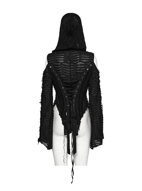 Black Unique Decadent Hole Splicing Back Drawstring Design Gothic Style Trumpet Sleeves Knitted Hooded Coat