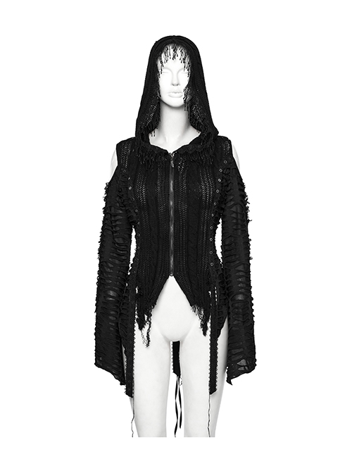 Black Unique Decadent Hole Splicing Back Drawstring Design Gothic Style Trumpet Sleeves Knitted Hooded Coat