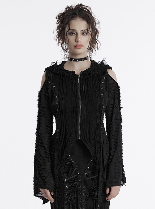 Black Unique Decadent Hole Splicing Back Drawstring Design Gothic Style Trumpet Sleeves Knitted Hooded Coat