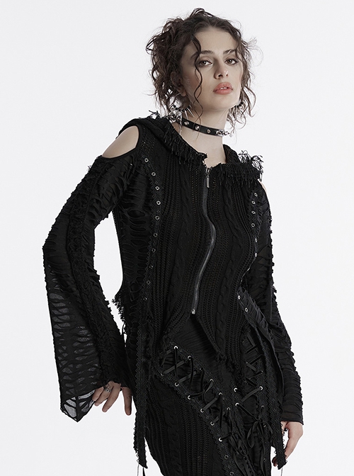 Black Unique Decadent Hole Splicing Back Drawstring Design Gothic Style Trumpet Sleeves Knitted Hooded Coat