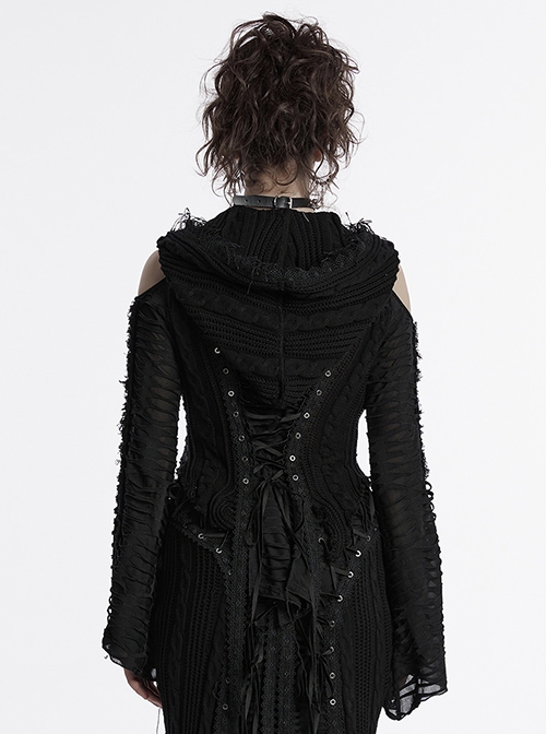 Black Unique Decadent Hole Splicing Back Drawstring Design Gothic Style Trumpet Sleeves Knitted Hooded Coat