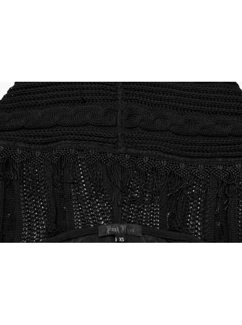 Black Unique Decadent Hole Splicing Back Drawstring Design Gothic Style Trumpet Sleeves Knitted Hooded Coat